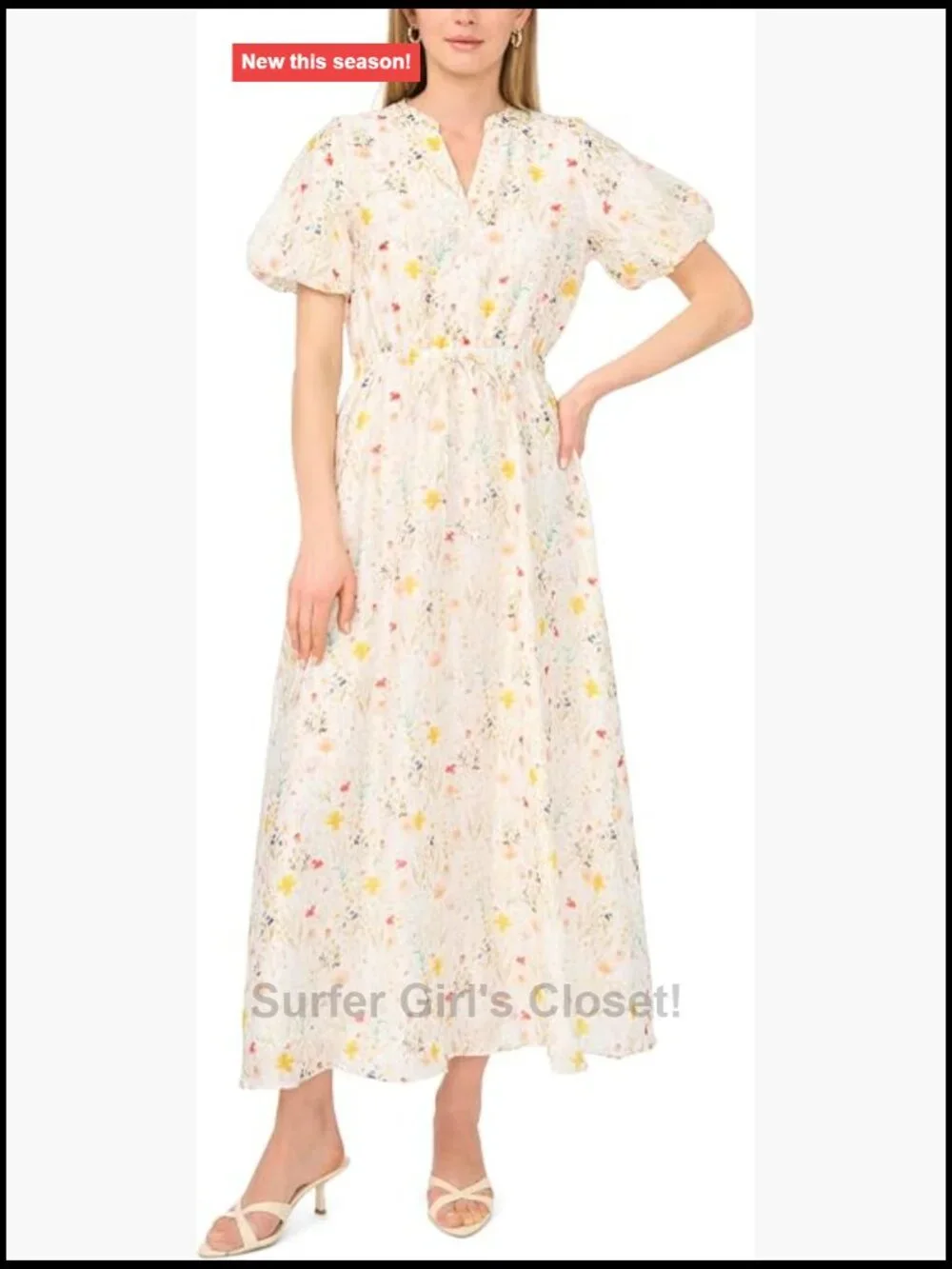 Tie Waist Maxi Dress Short Sleeve Split Neck Floral Rayon